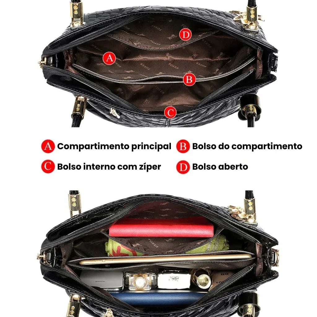 BOLSA FEMININA EM COURO GENNUÍNO FOXER – MODELO BLACK ROYALE