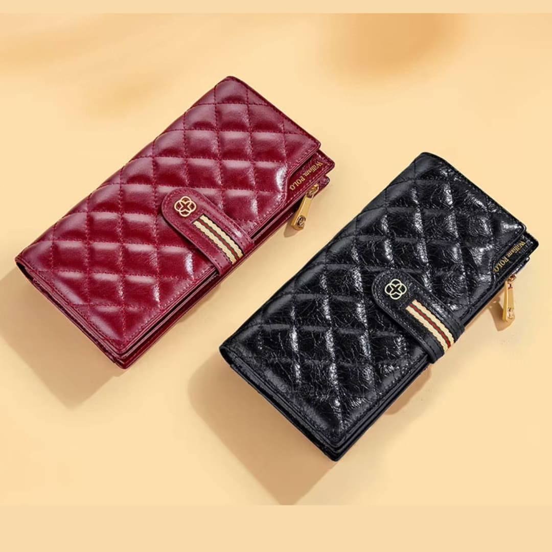 CARTEIRA FEMININA LONGA FEITA EM COURO GENUÍNO MODELO  SARAH NOIR BLACK – LINHA WILLIAM POLO