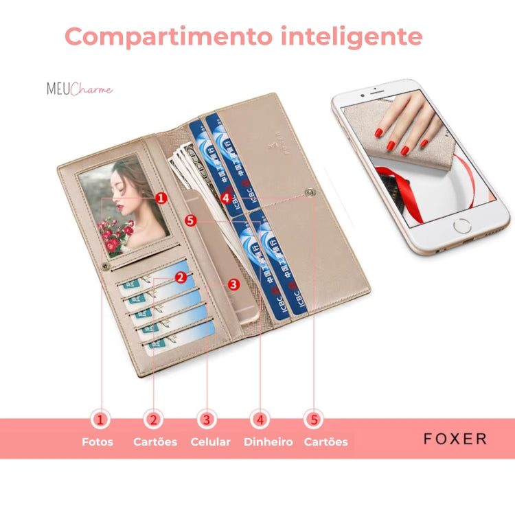 CARTEIRA FEMININA LONGA FOXER FEITA EM CORO REFINADO MODELO MADELEINE