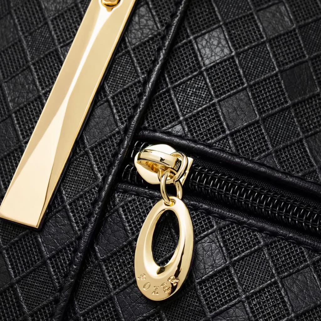 Detalhes zíper da bolsa feminina em couro genuíno preta