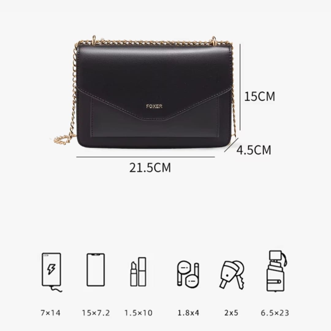 BOLSA FEMININA TYRANSVERSAL FOXER FEITA EM COURO REFINADO MODELO ARVELLE BLACK