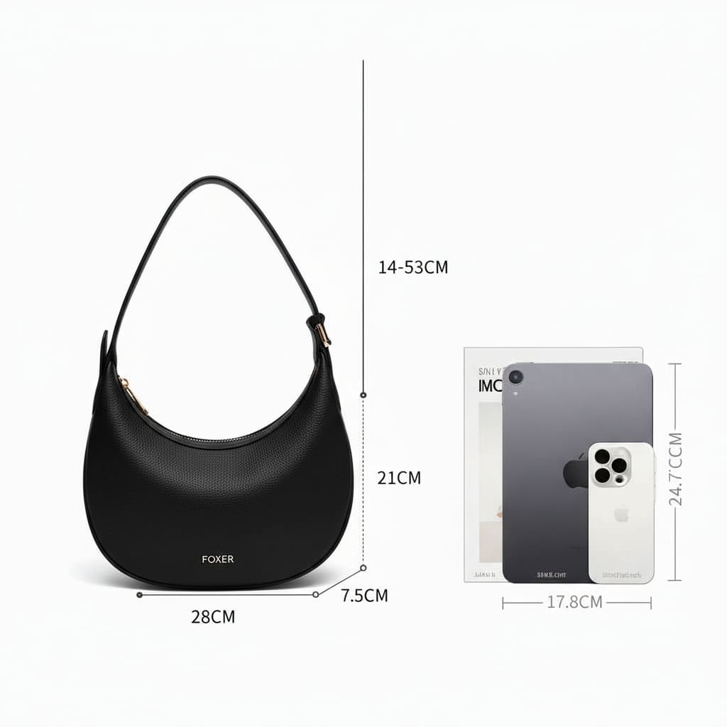 BOLSA FEMININA DE OMBRO FOXER FEITA EM COURO LEGÍTIMO MODELO LUNÉRA BLACK