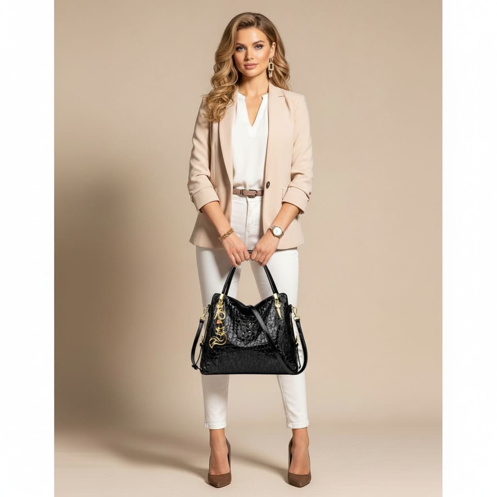 Bolsa Feminina  Grande Preta Feita Em Couro Refinado Modelo Foxer Royale Black