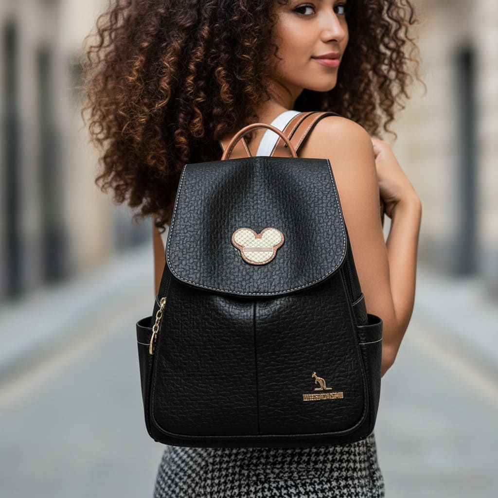 MOCHILA FEMININA FEITA EM COURO REFINADO  MODELO SERENA MICKEY LINHA PREMIUM