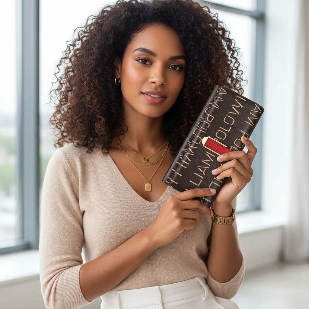 CARTEIRA FEMININA FEITA EM COURO MODELO LONG MONOGRAM ÉLEGANCE -LINHA WILLIAM POLLO