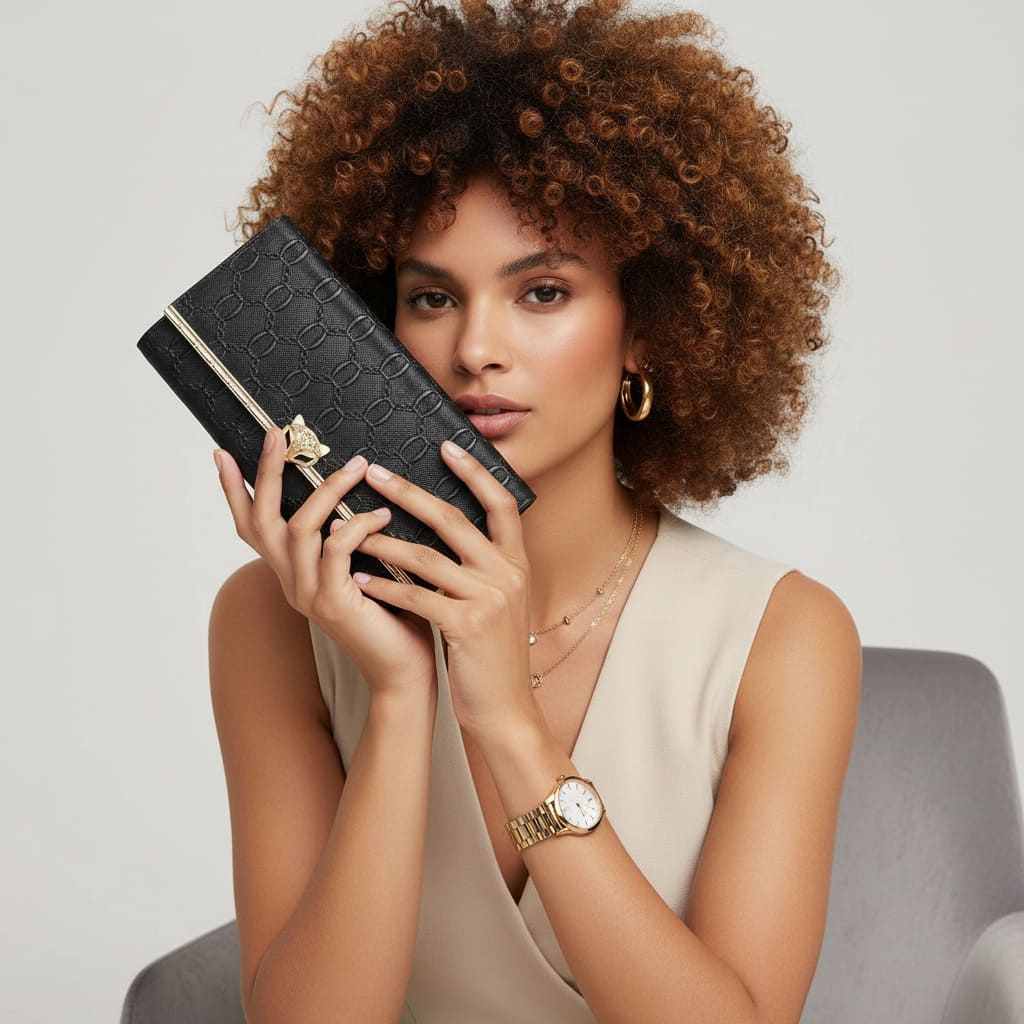 CARTEIRA FEMININA LONGA FOXER FEITA EM COURO GENUÍNO MODELO SÉLUNE BLACK