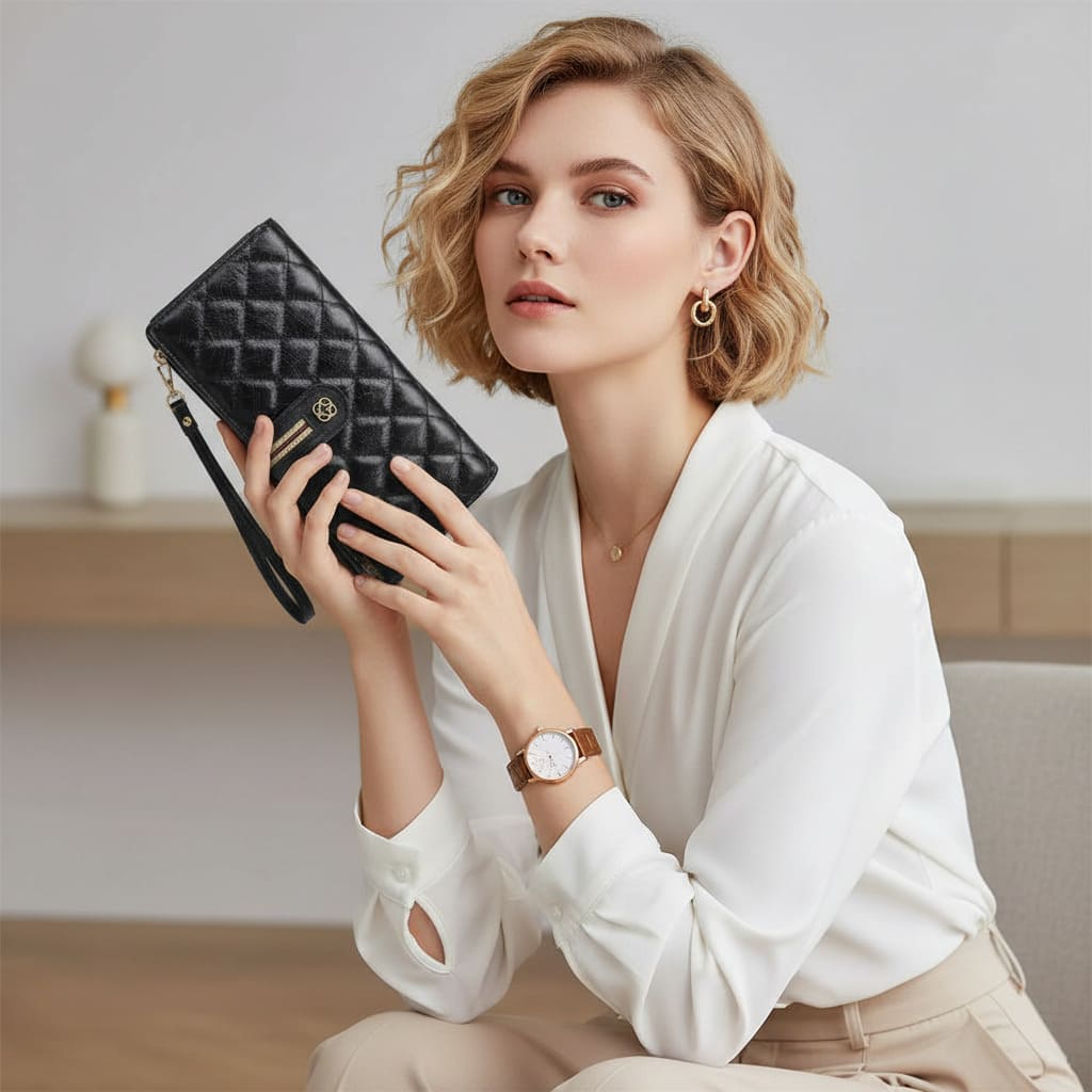 CARTEIRA FEMININA LONGA FEITA EM COURO GENUÍNO MODELO  SARAH NOIR BLACK – LINHA WILLIAM POLO