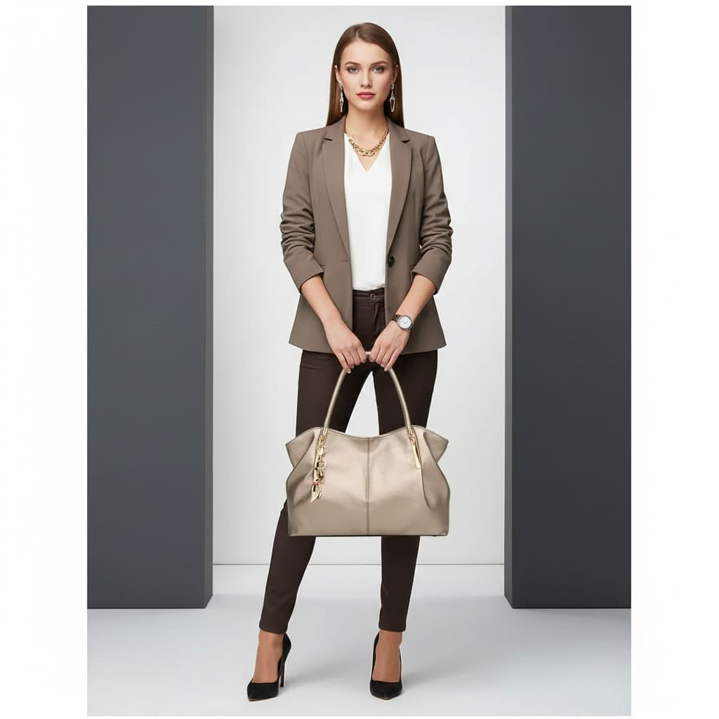 Bolsa Feminina  Grande De Couro Refinado Modelo Foxer Majesté